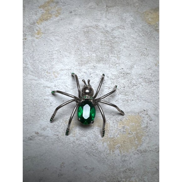 Vintage 1920s Large Spider Green Crystal and Stone Figural Brooch Pin - Picture 9 of 11